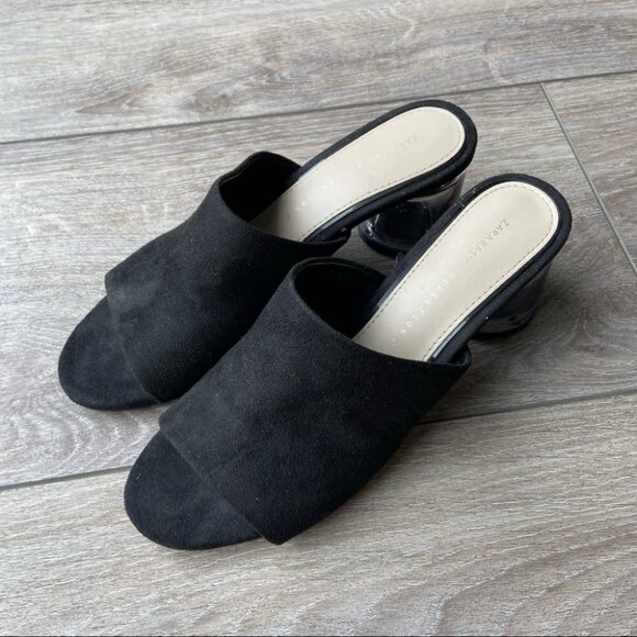 Zara  Black Faux Suede Clear Heel Slides - Picture 2 of 14